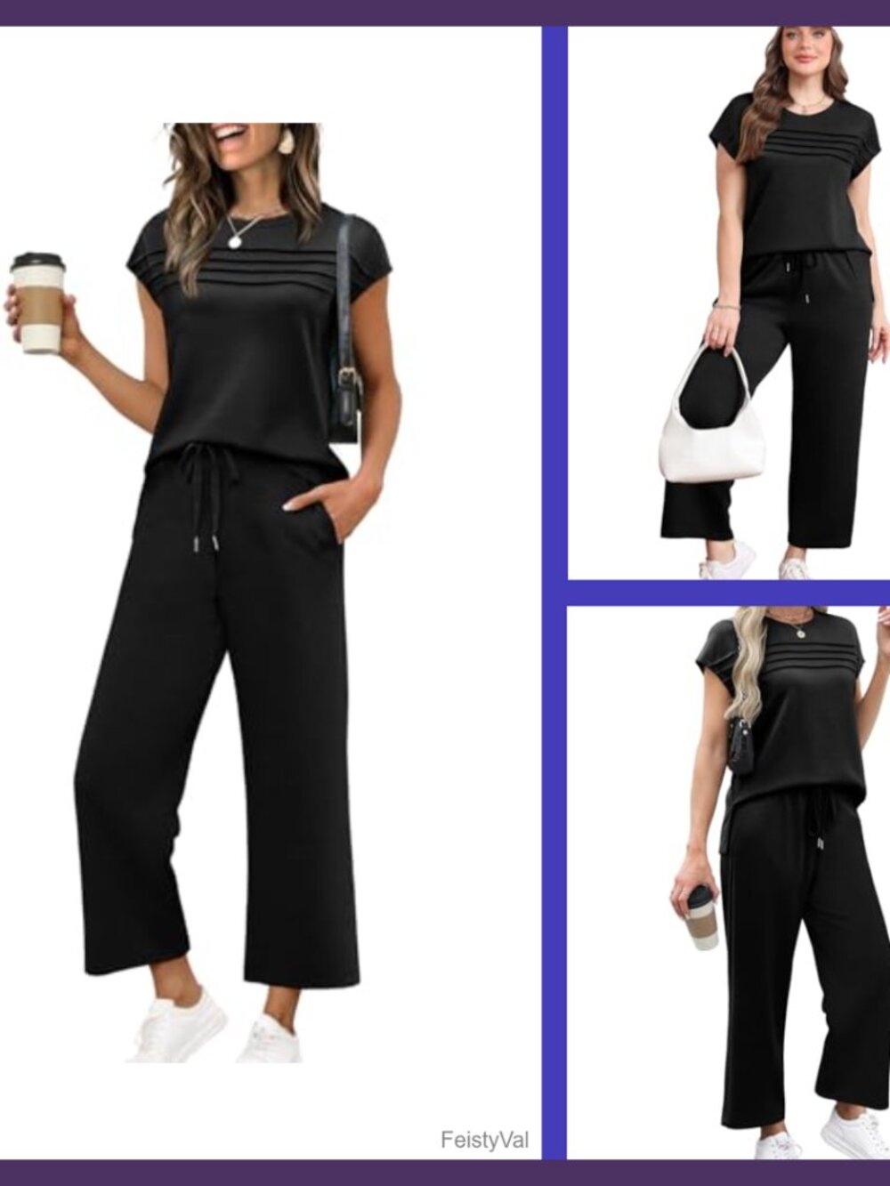 Women Two Piece Set Cap Sleeve Top Wide Leg Crop Pants Lounge Travel Set